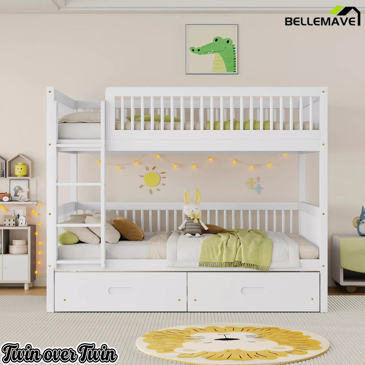 white twin over twin bunk bed for kids bedroom