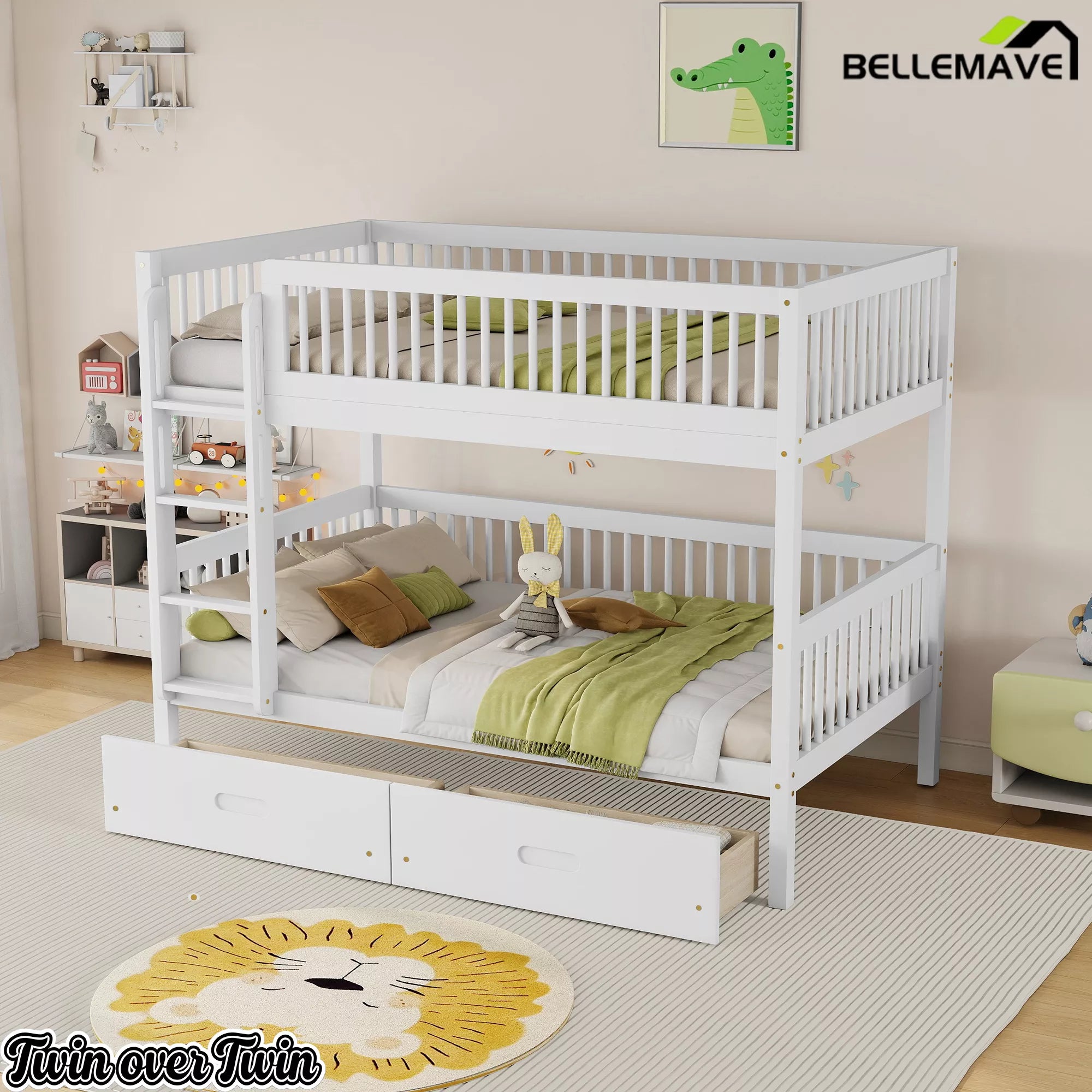 wood twin bunk bed with ladder and safety guardrails