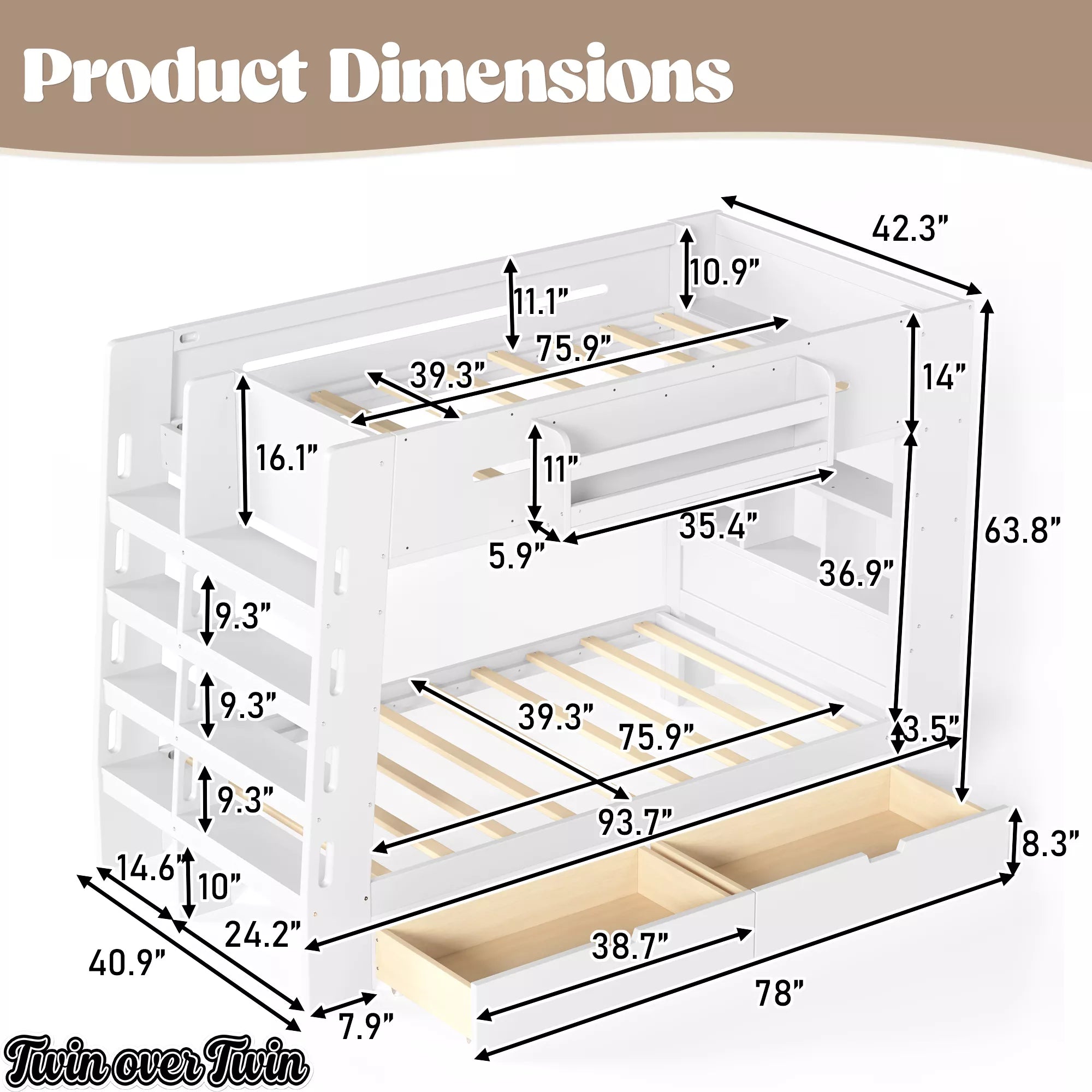 twin over twin bunk bed with built in shelves