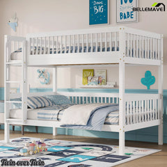 Angled view of a white wooden Twin over Twin bunk bed