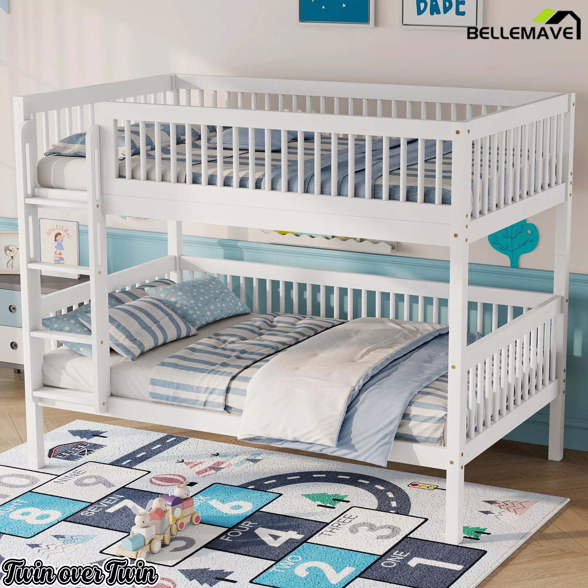 White wooden Twin over Twin bunk bed with lower and upper slat platforms