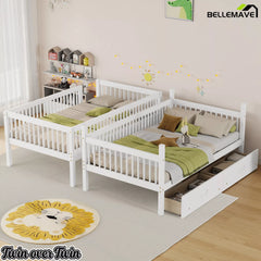 kids wood bunk bed with storage drawers and twin sleeping space