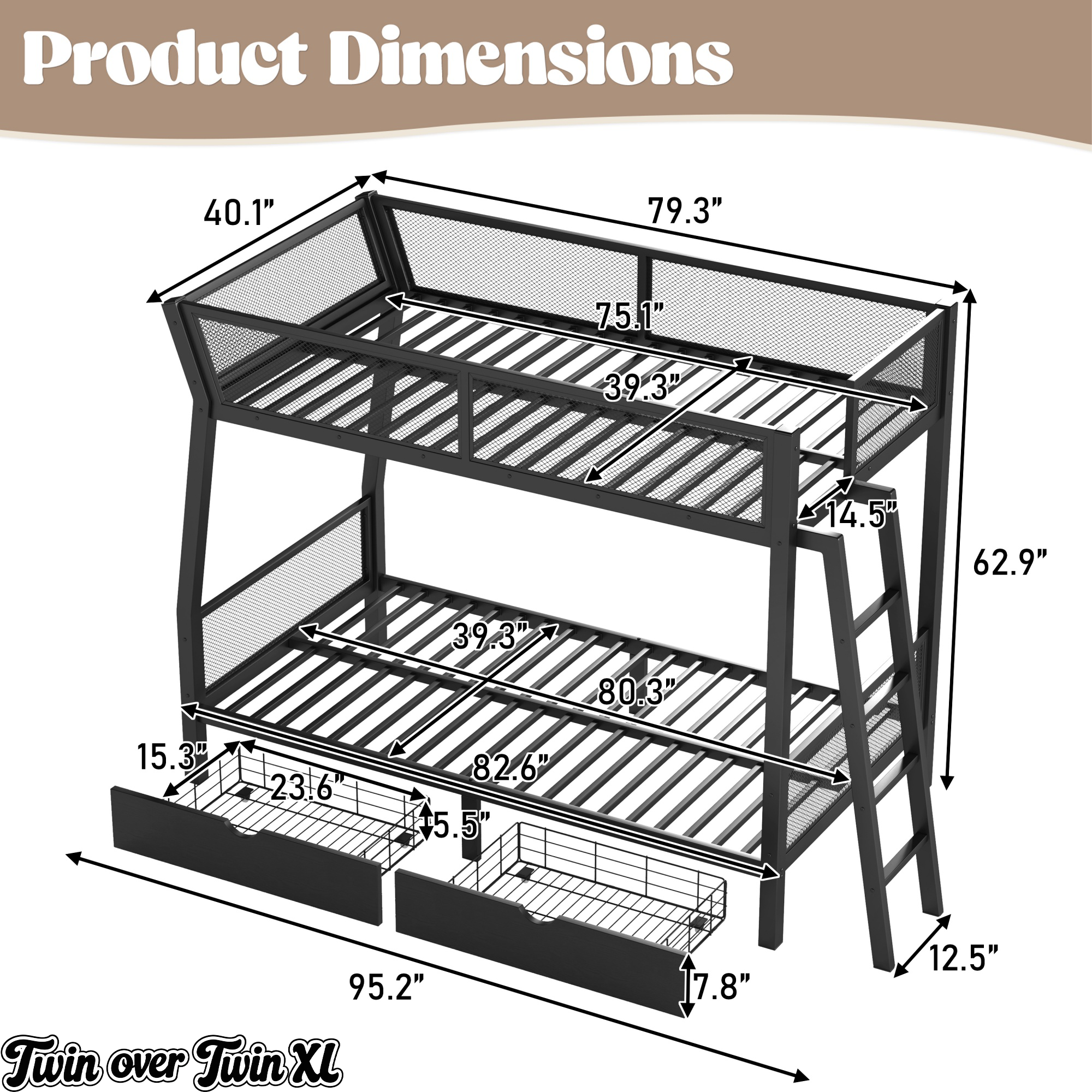 Twin over Twin XL bunk bed dimension diagram with measurements labeled in inches