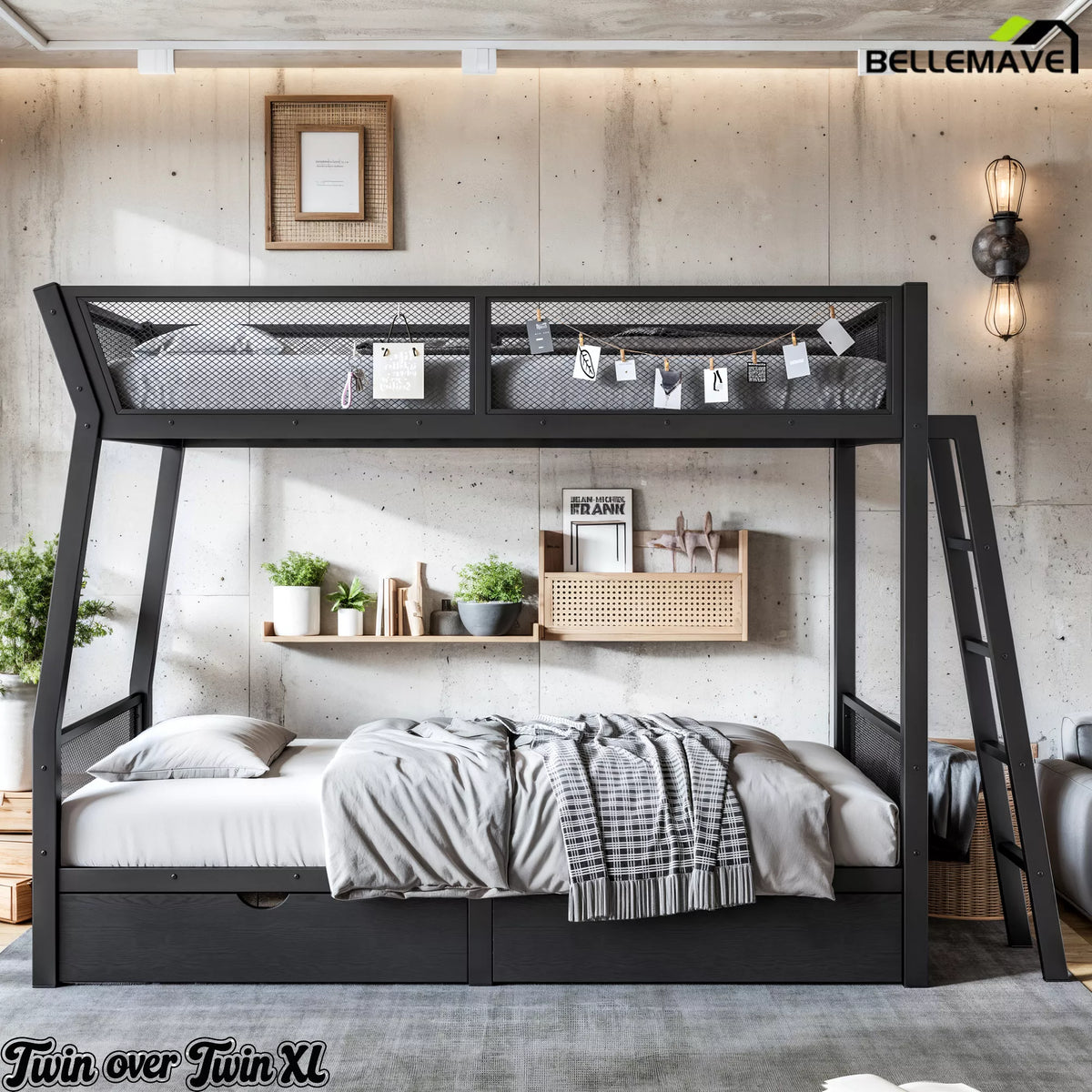 Bedroom view of a Twin over Twin XL black metal bunk bed with mesh upper guardrails