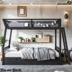 Bedroom view of a Twin over Twin XL black metal bunk bed with mesh upper guardrails