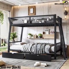 Front bedroom view of a Twin over Twin XL metal bunk bed with under-bed storage drawers