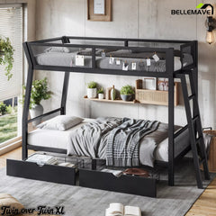 Angled bedroom view of a Twin over Twin XL bunk bed with an angled ladder and mesh guardrails
