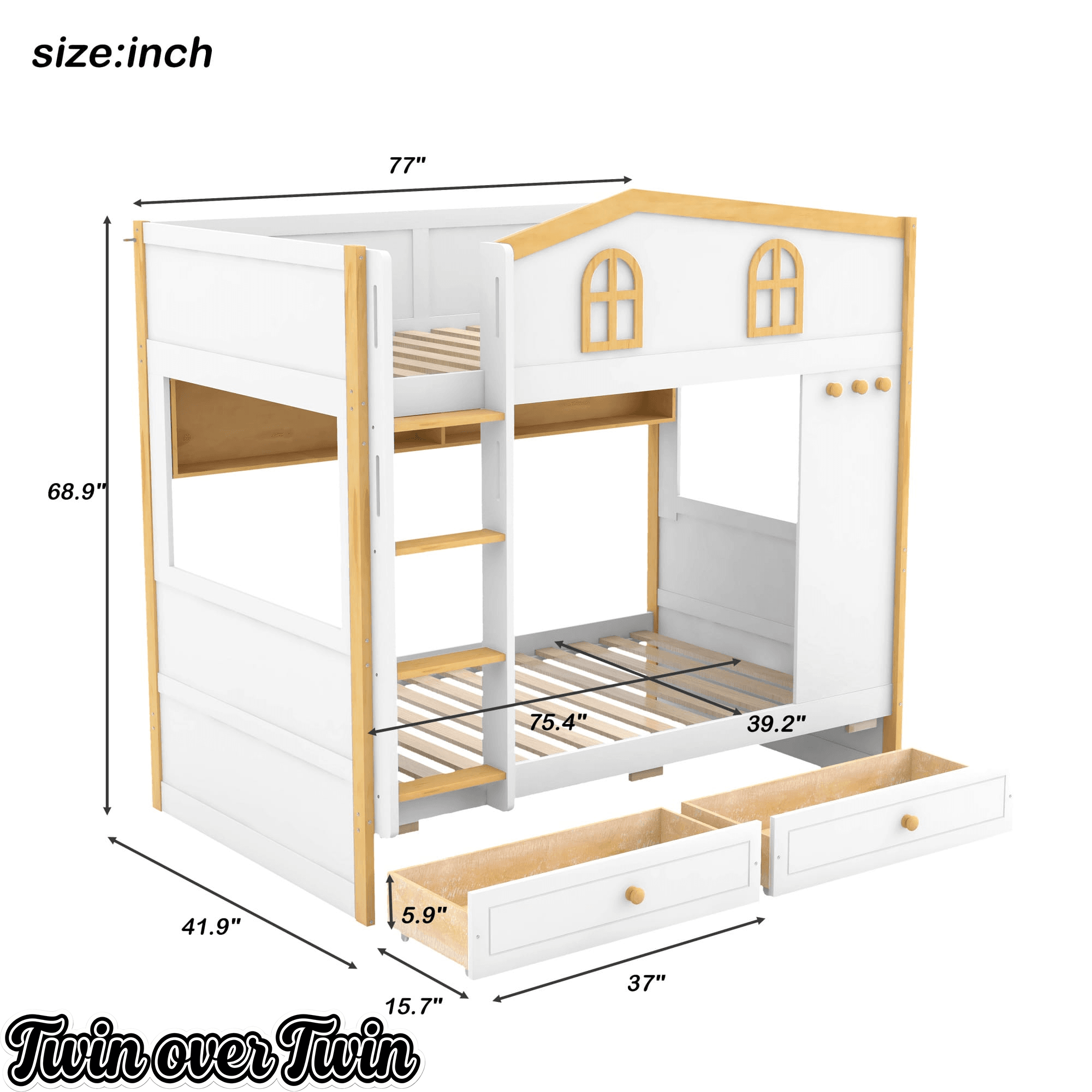 Bellemave® House Bunk Bed with Storage Shelves & 2 Drawers, Solid Wood Space-Saving Loft Bed Frame with Safety Guardrails for Bedroom, White+Natural Bellemave®