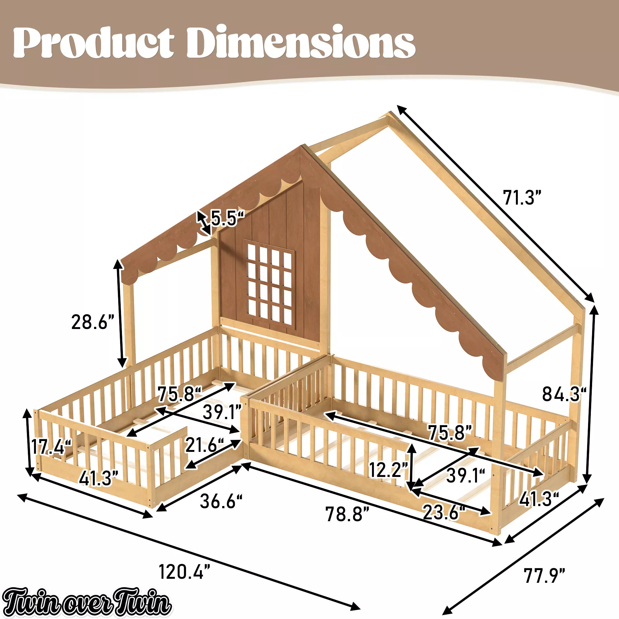 House-shaped floor bed dimension diagram showing overall frame measurements