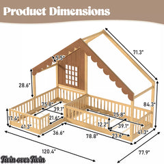 House-shaped floor bed dimension diagram showing overall frame measurements