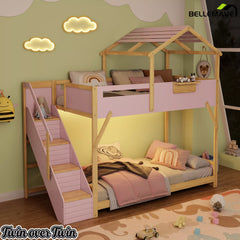 Bellemave® Twin Over Twin & Full Over Full House Bunk Bed with Stairs and 3-Color LED Lights for Kids and Teens