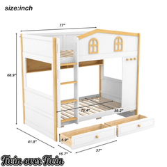 Bellemave® House Bunk Bed with Storage Shelves & 2 Drawers, Solid Wood Space-Saving Loft Bed Frame with Safety Guardrails for Bedroom, White+Natural Bellemave®