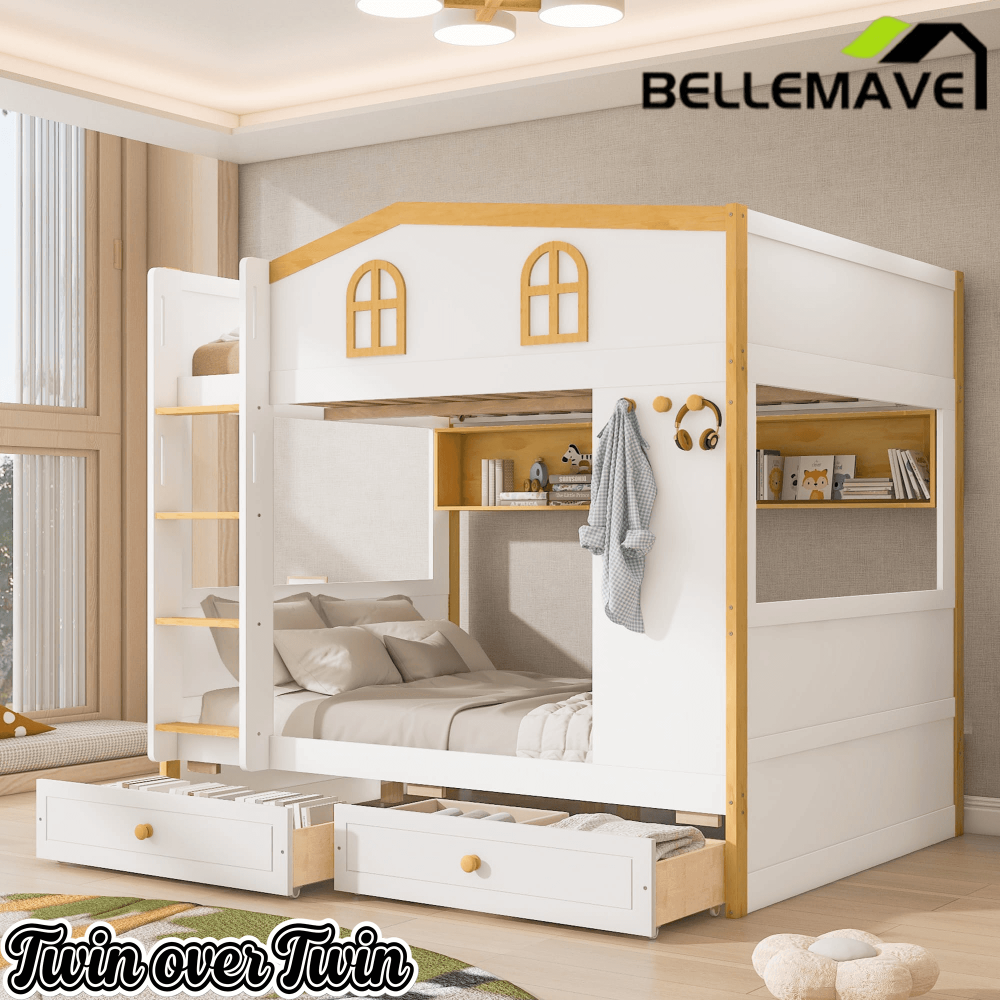 Bellemave® House Bunk Bed with Storage Shelves & 2 Drawers, Solid Wood Space-Saving Loft Bed Frame with Safety Guardrails for Bedroom, White+Natural Bellemave®