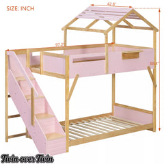 Bellemave® Twin Over Twin & Full Over Full House Bunk Bed with Stairs and 3-Color LED Lights for Kids and Teens