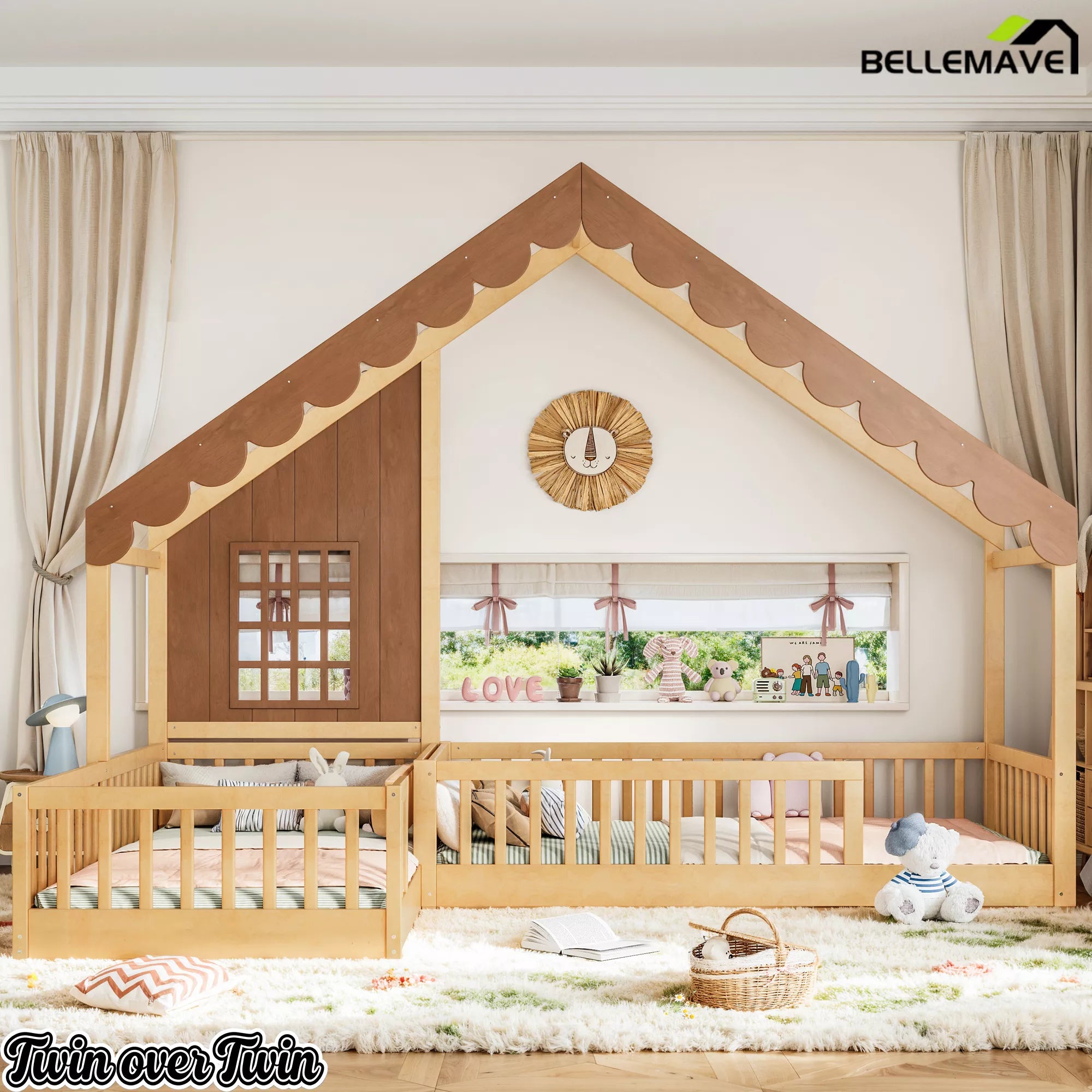 Wooden house-shaped floor bed styled in a kids' bedroom with surrounding guardrails