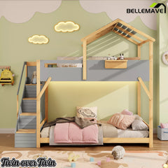 Bellemave® Twin Over Twin & Full Over Full House Bunk Bed with Stairs and 3-Color LED Lights for Kids and Teens