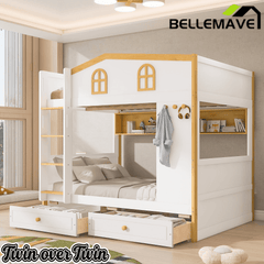 Bellemave® House Bunk Bed with Storage Shelves & 2 Drawers, Solid Wood Space-Saving Loft Bed Frame with Safety Guardrails for Bedroom, White+Natural Bellemave®