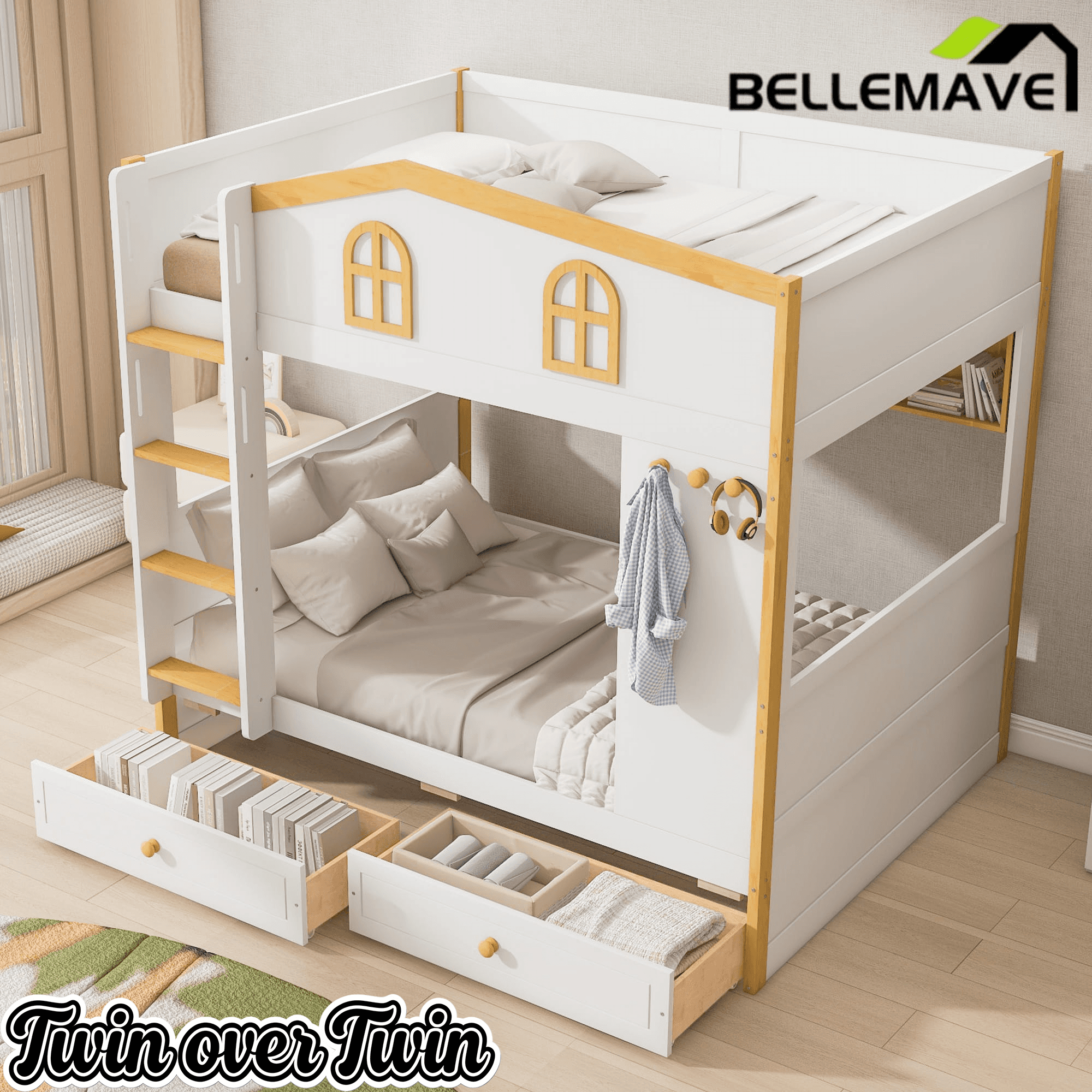 Bellemave® House Bunk Bed with Storage Shelves & 2 Drawers, Solid Wood Space-Saving Loft Bed Frame with Safety Guardrails for Bedroom, White+Natural Bellemave®