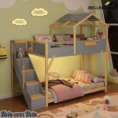 Bellemave® Twin Over Twin & Full Over Full House Bunk Bed with Stairs and 3-Color LED Lights for Kids and Teens