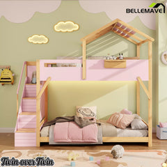 Bellemave® Twin Over Twin & Full Over Full House Bunk Bed with Stairs and 3-Color LED Lights for Kids and Teens