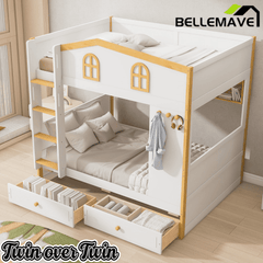 Bellemave® House Bunk Bed with Storage Shelves & 2 Drawers, Solid Wood Space-Saving Loft Bed Frame with Safety Guardrails for Bedroom, White+Natural Bellemave®