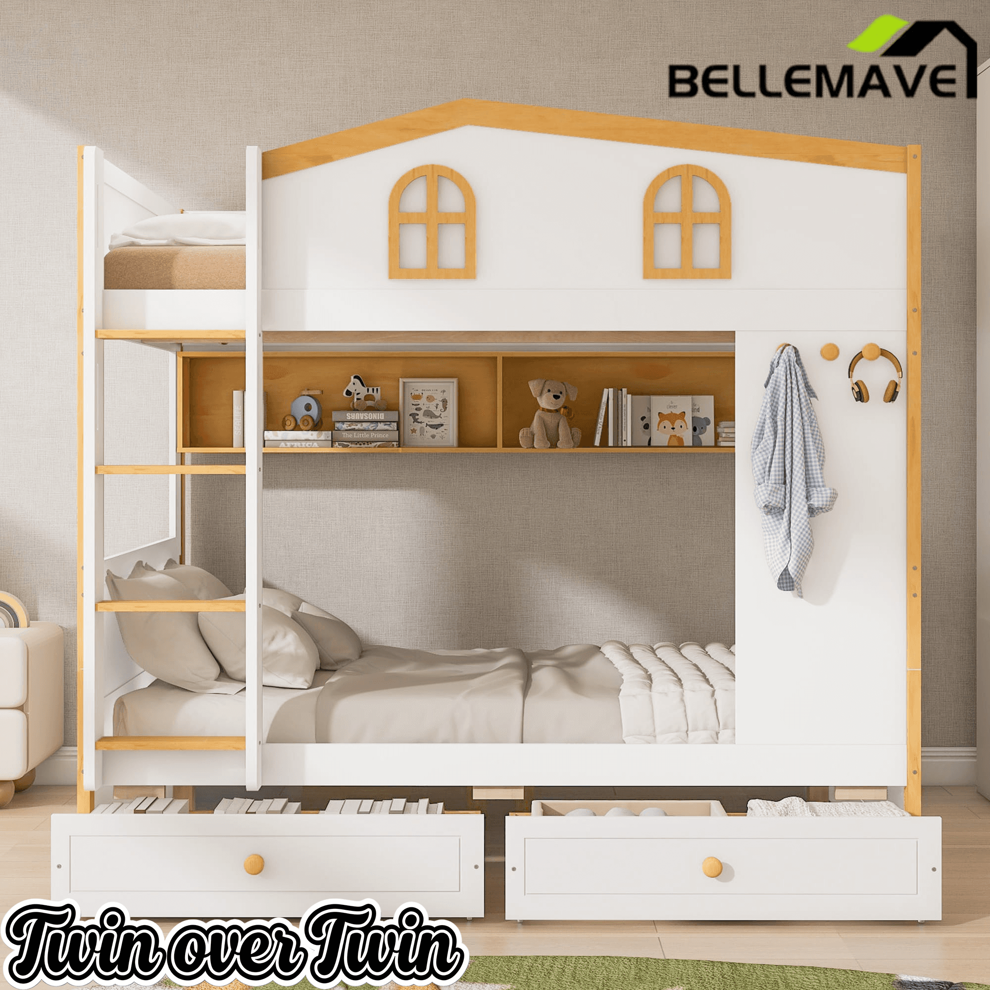 Bellemave® House Bunk Bed with Storage Shelves & 2 Drawers, Solid Wood Space-Saving Loft Bed Frame with Safety Guardrails for Bedroom, White+Natural Bellemave®