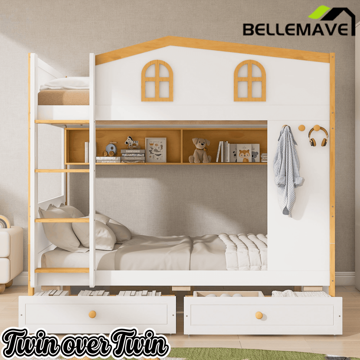 Bellemave® House Bunk Bed with Storage Shelves & 2 Drawers, Solid Wood Space-Saving Loft Bed Frame with Safety Guardrails for Bedroom, White+Natural Bellemave®