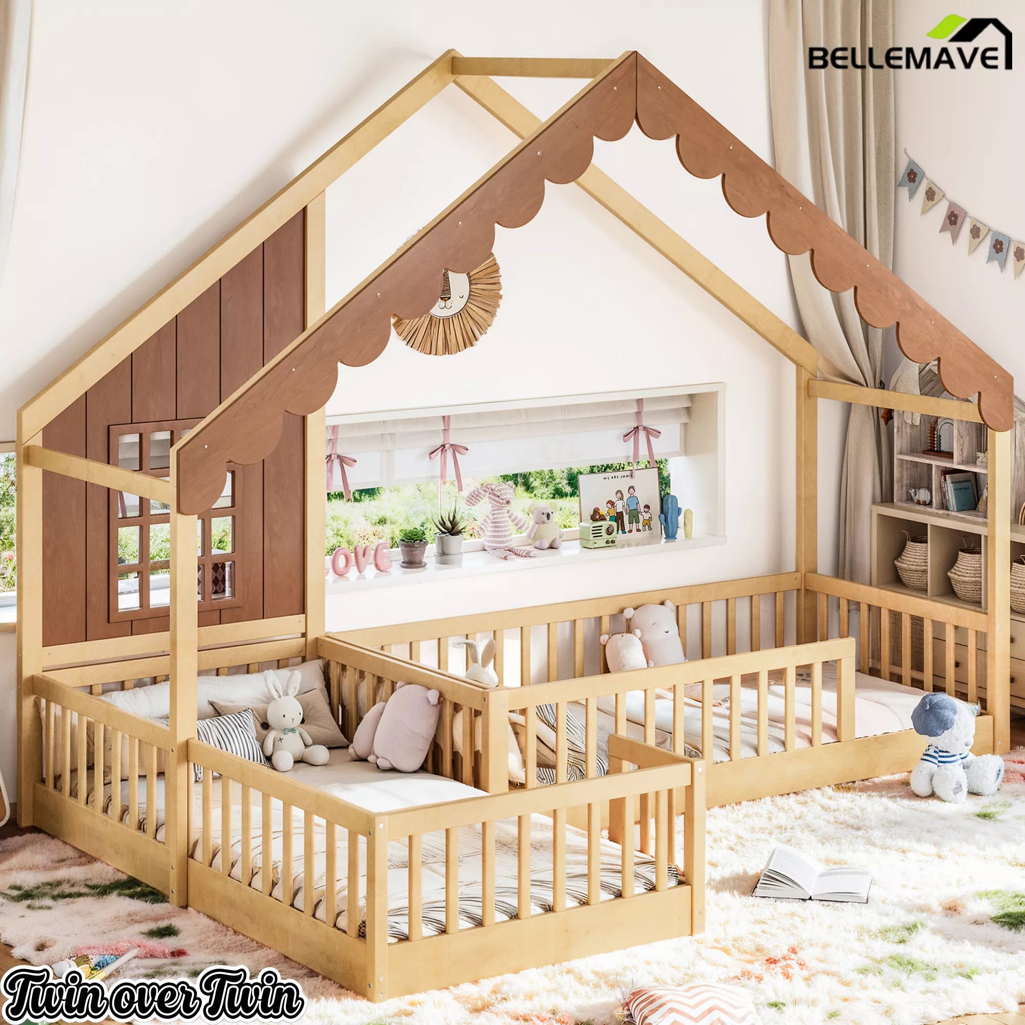 Angled view of a wooden house-shaped floor bed in a children's bedroom