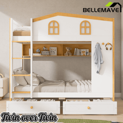 Bellemave® House Bunk Bed with Storage Shelves & 2 Drawers, Solid Wood Space-Saving Loft Bed Frame with Safety Guardrails for Bedroom, White+Natural Bellemave®