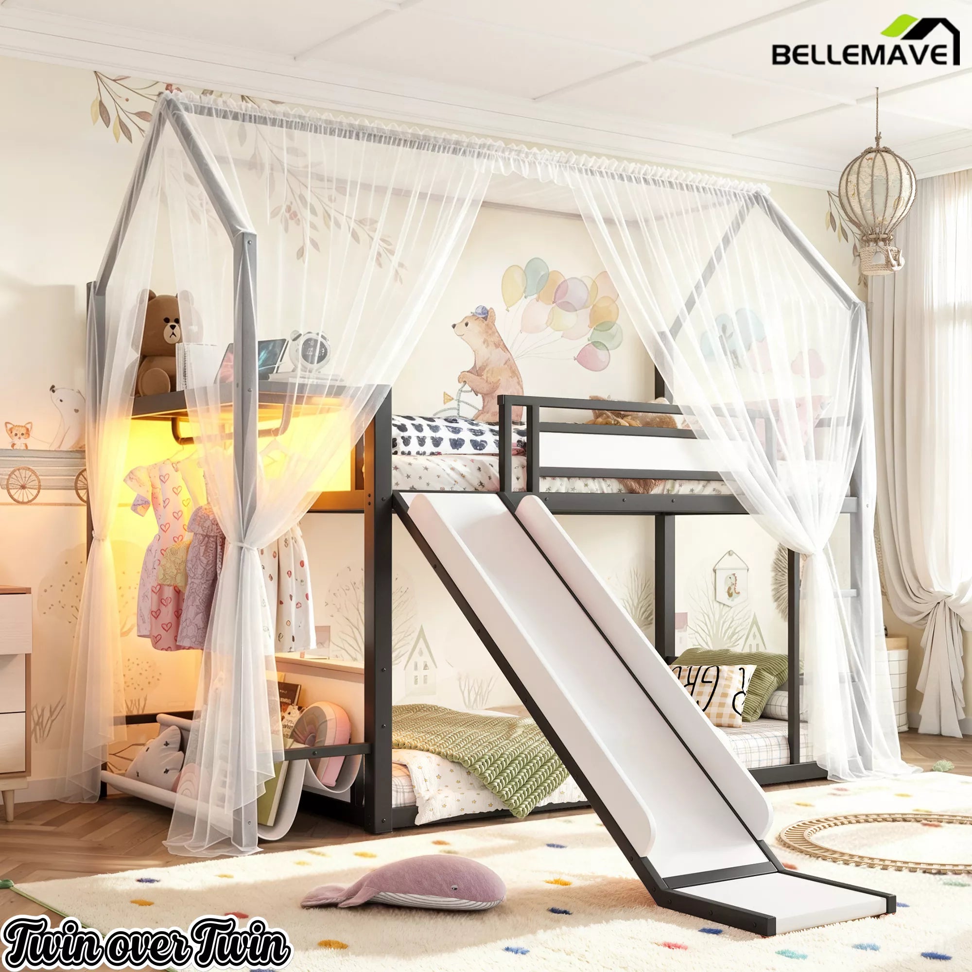 Black Twin Over Twin Metal Playhouse Bunk Bed with Slide