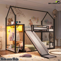 Black Twin Over Twin Metal Playhouse Bunk Bed with Storage Shelf