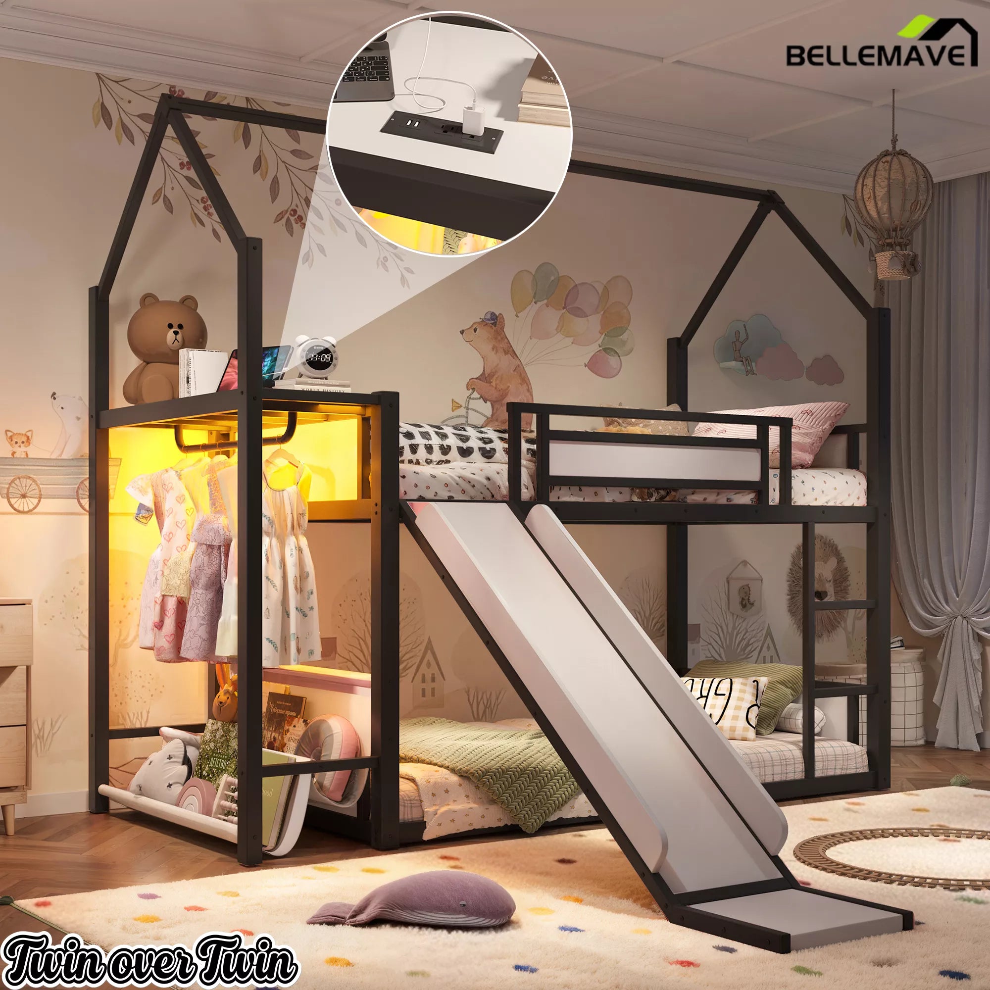 Black Twin Over Twin Metal Playhouse Bunk Bed LED Hanging Rack