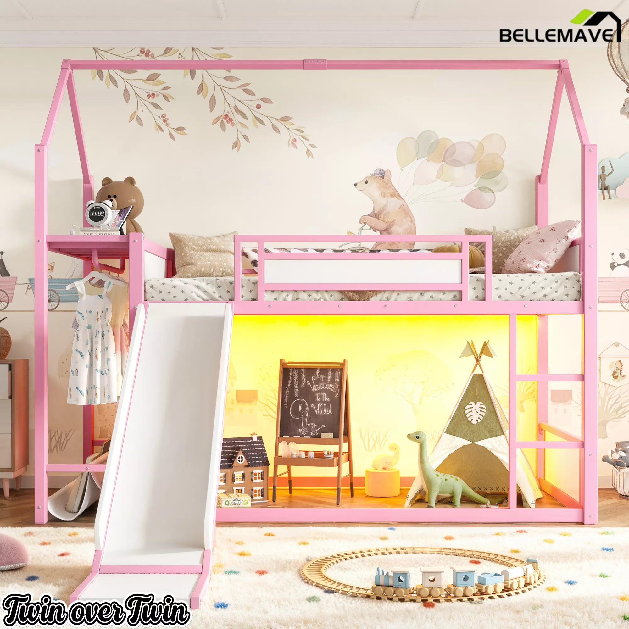 Pink Twin Over Twin Metal Playhouse Bunk Bed with Slide