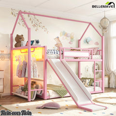 Pink Twin Over Twin Metal Playhouse Bunk Bed Bedroom Scene