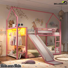 Pink Twin Over Twin Metal Playhouse Bunk Bed Front View