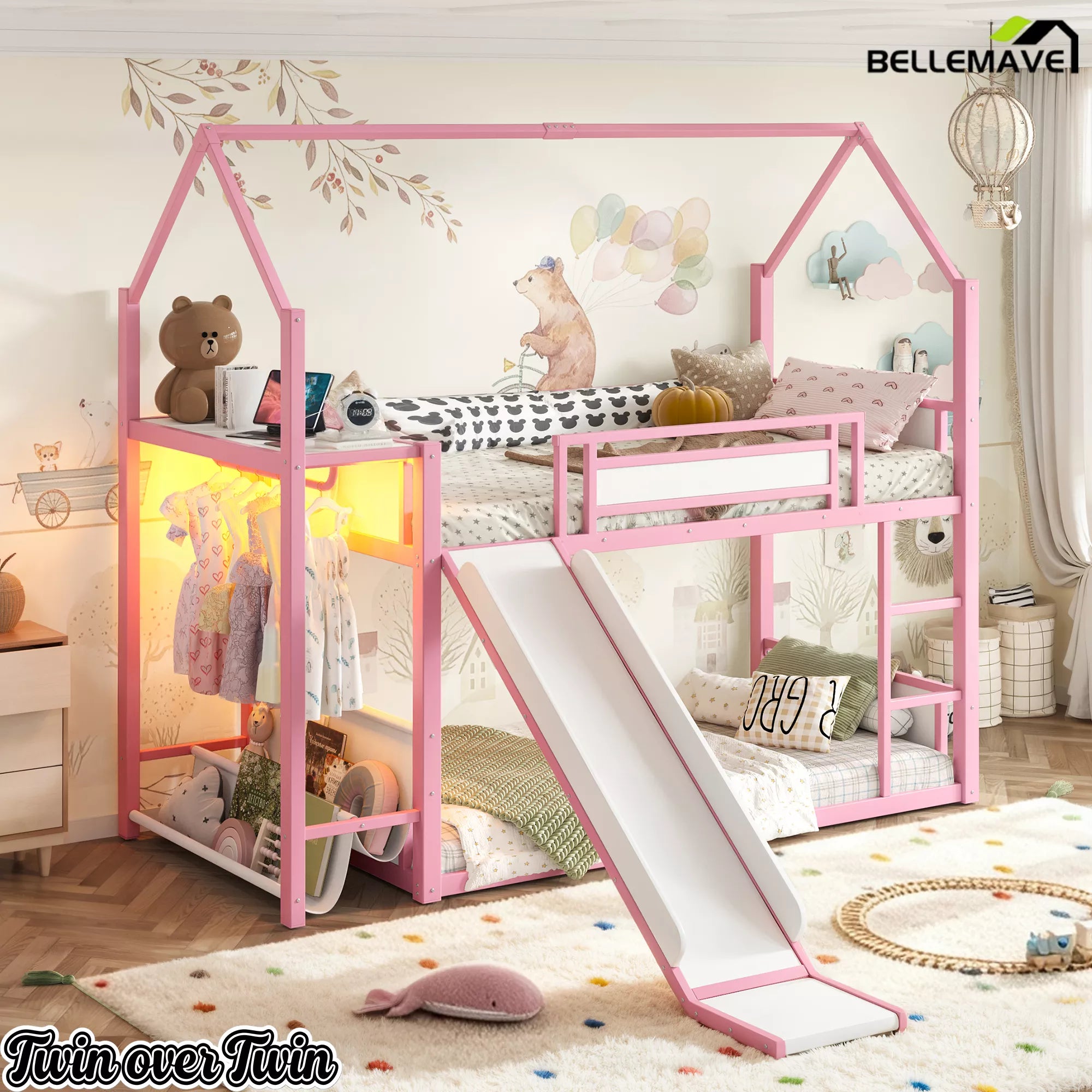Pink Twin Over Twin Metal Playhouse Bunk Bed Side View