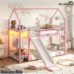Pink Twin Over Twin Metal Playhouse Bunk Bed Side View