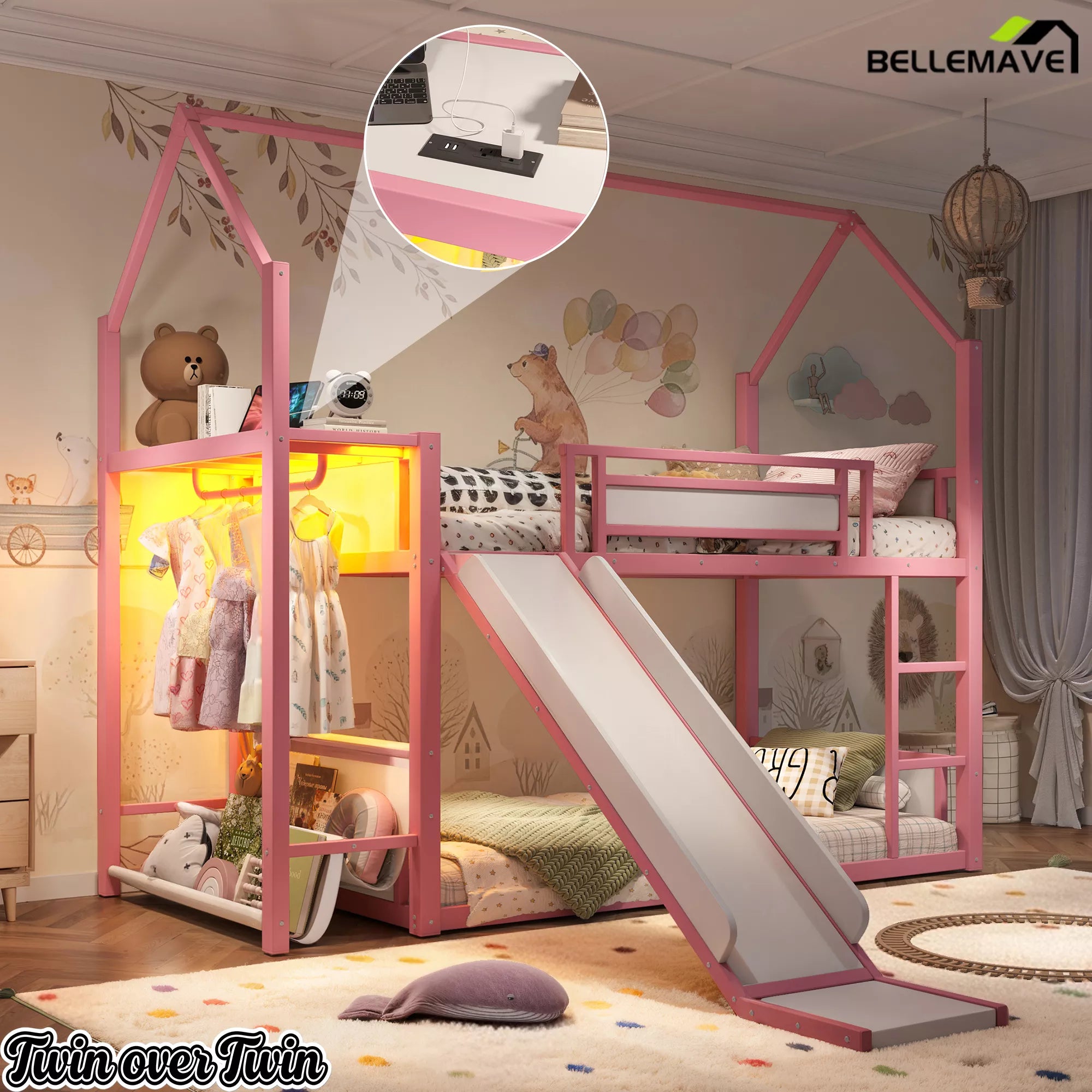 Pink Twin Over Twin Metal Playhouse Bunk Bed LED Hanging Rack