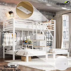 white metal triple bunk bed with storage stairs