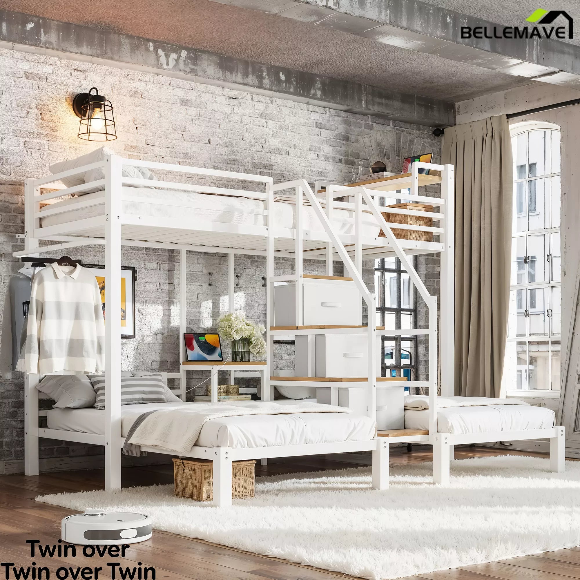 triple bunk bed with guardrails and stairs