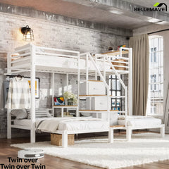triple bunk bed with guardrails and stairs