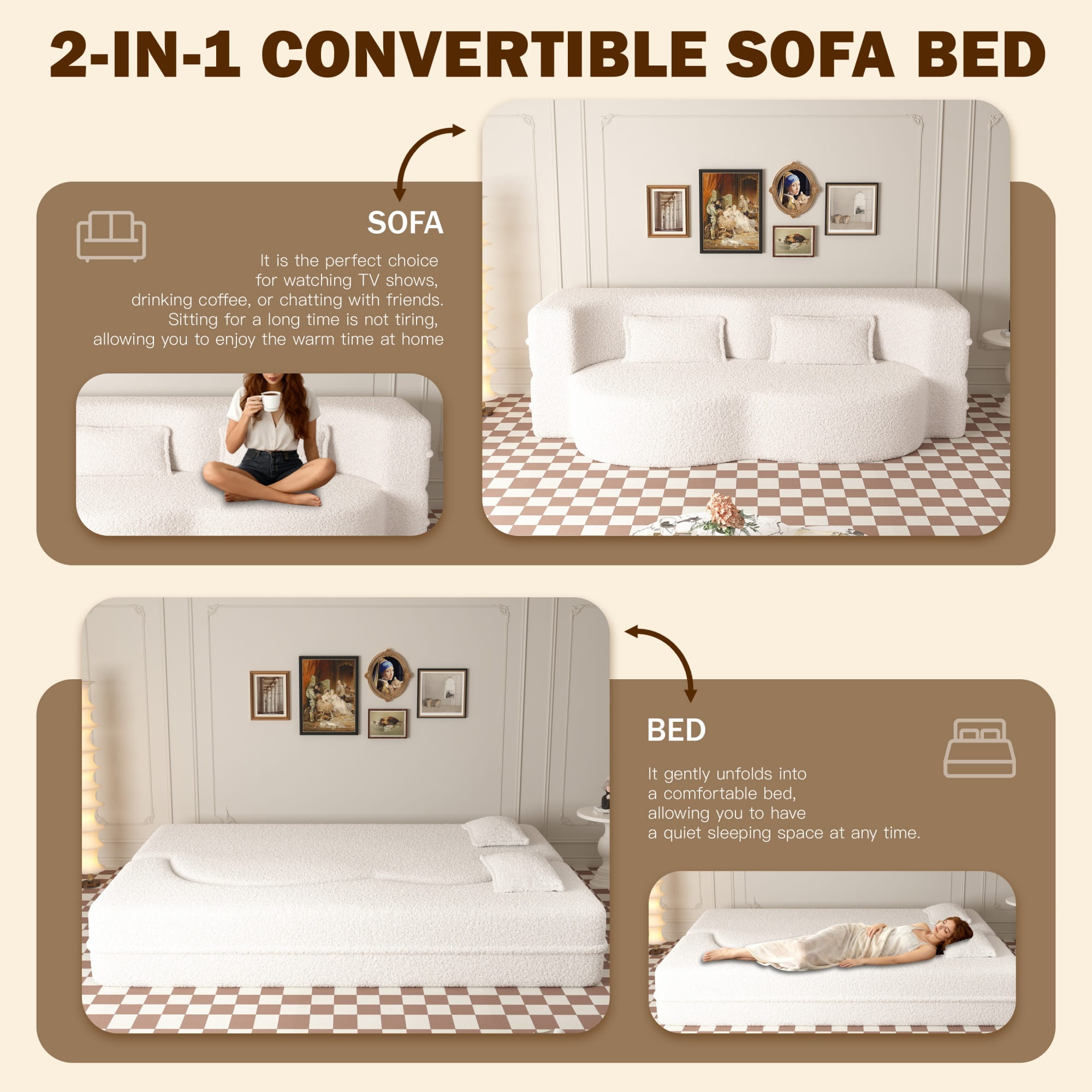 Bellemave® Folding Foam Sofa Bed,15" Full Size Floor Couch,Convertible Sleeper Futon Loveseat Couch for Living Room, Guest Use, Office, Apartmen Bellemave®