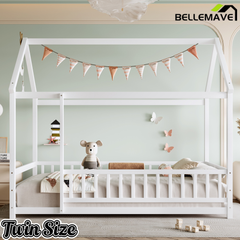Bellemave® Twin House Bed with Rails for Kids,Montessori Floor beds with high guardrail Without slats, White Bellemave®
