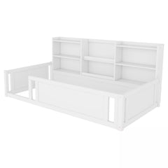 White kids floor bed frame with guardrails and side shelves