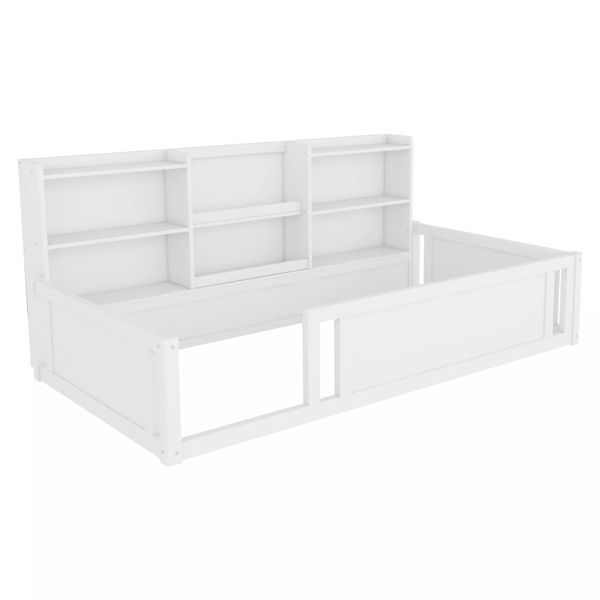 Wooden platform floor bed side view with storage shelves