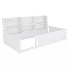 Wooden platform floor bed side view with storage shelves