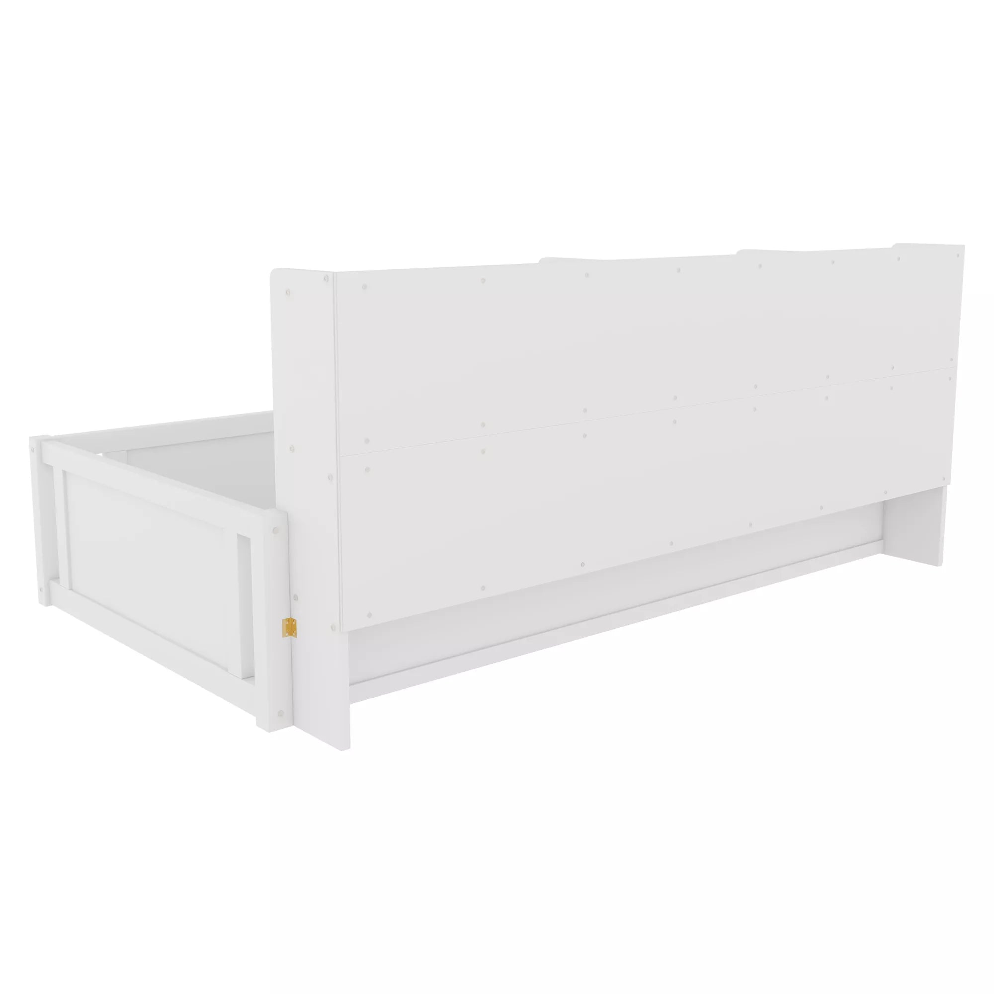Wooden kids floor bed back view with safety guardrails