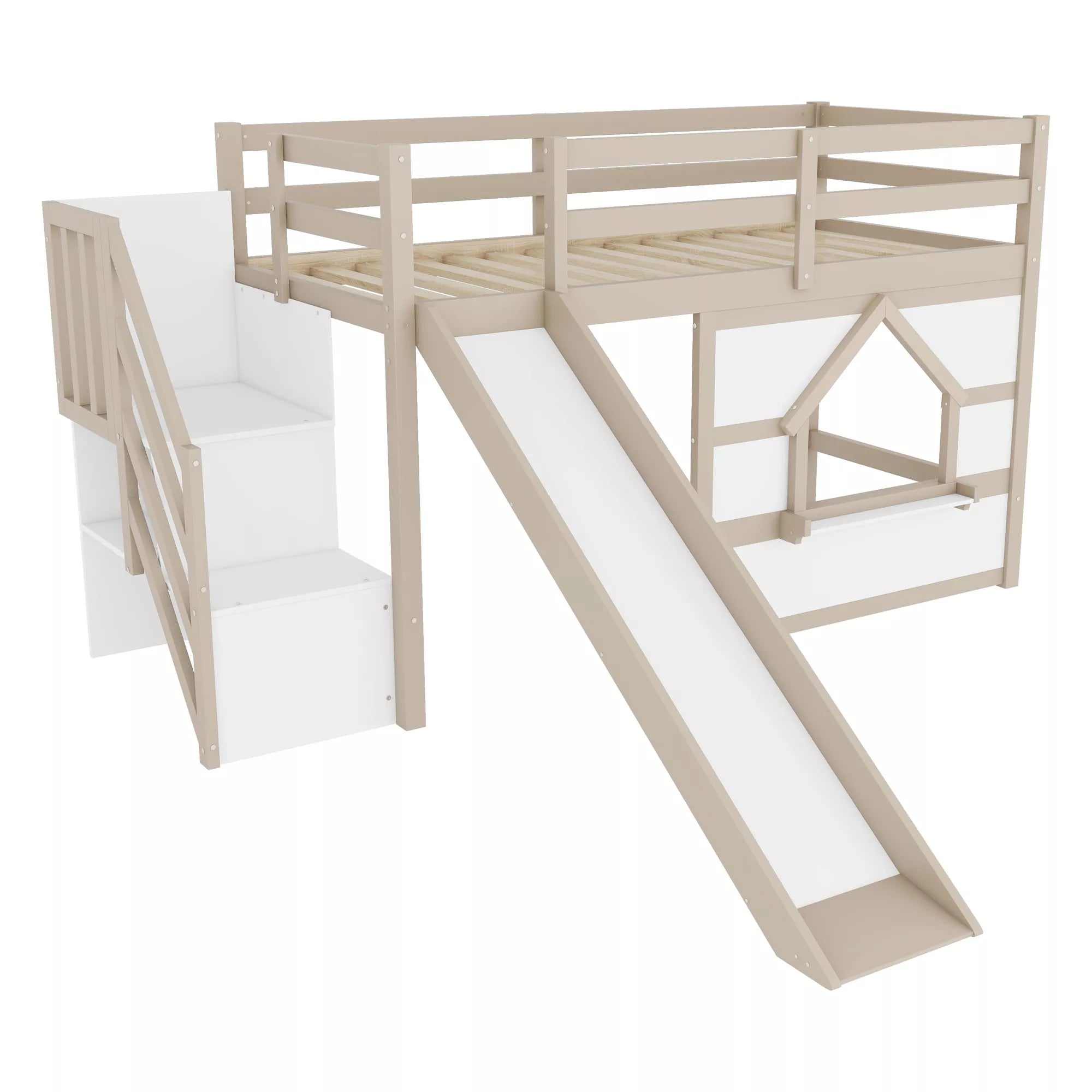 Twin loft bed frame with storage stairs and slide side view