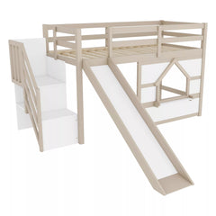 Twin loft bed frame with storage stairs and slide side view