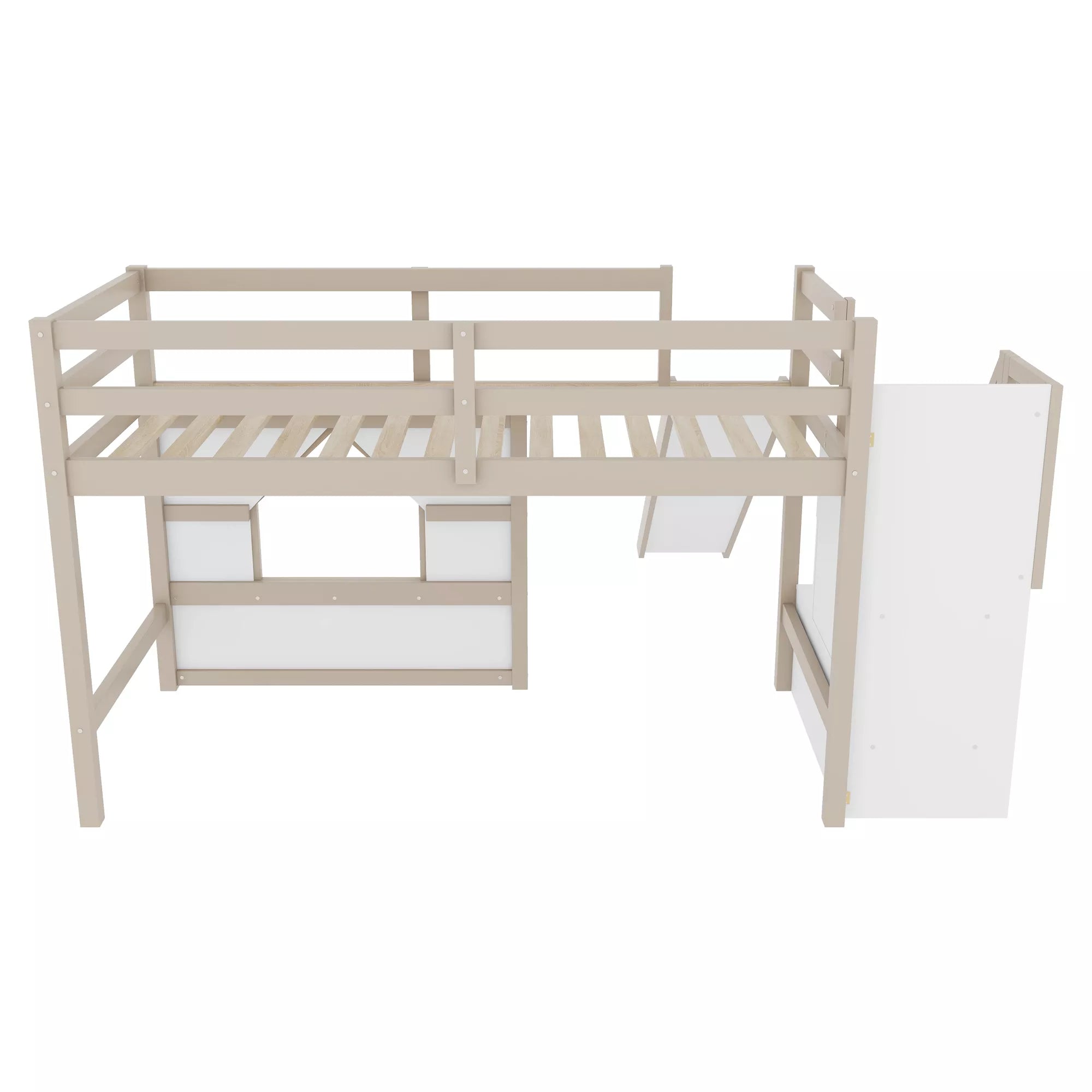 Kids low loft bed frame front view with playhouse window